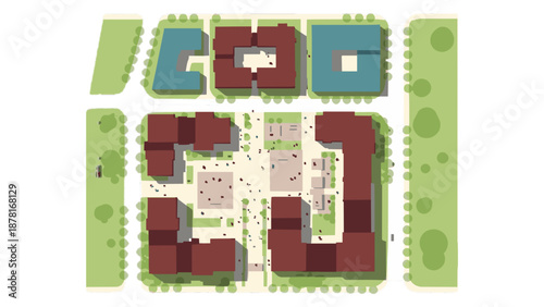 Modern Urban Area Master Plan Aerial View Residential Buildings Green Parks Streets People Architecture Design