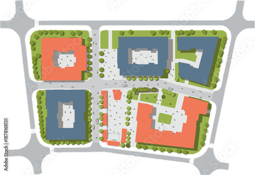 Urban Planning Master Plan Illustration Showing City Blocks Buildings Roads and Public Green Spaces