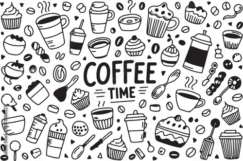 coffee illustration seamless background with cups cakes and cookies