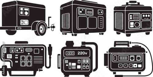 generator line art illustrations of six portable power units
