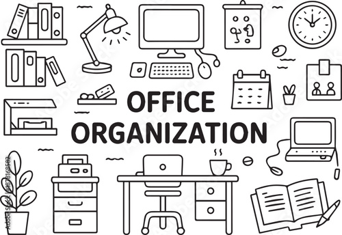 office productivity and workspace organization icons line illustration