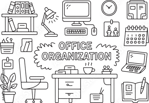 office organization line art workspace icons and supplies layout