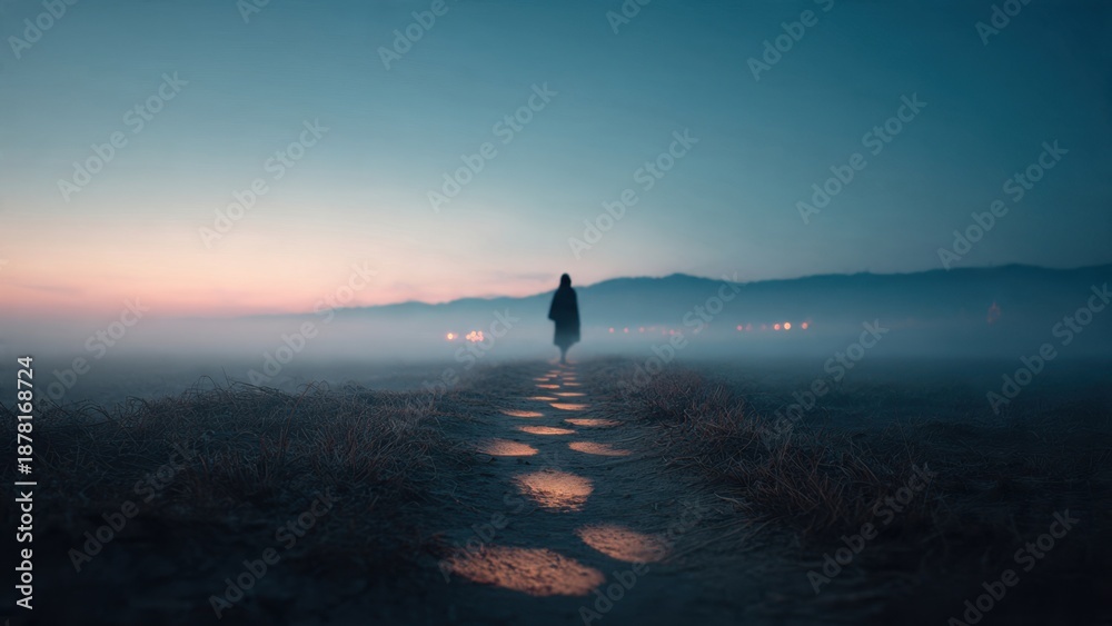 Naklejka premium Solitary figure walking on stepping stones