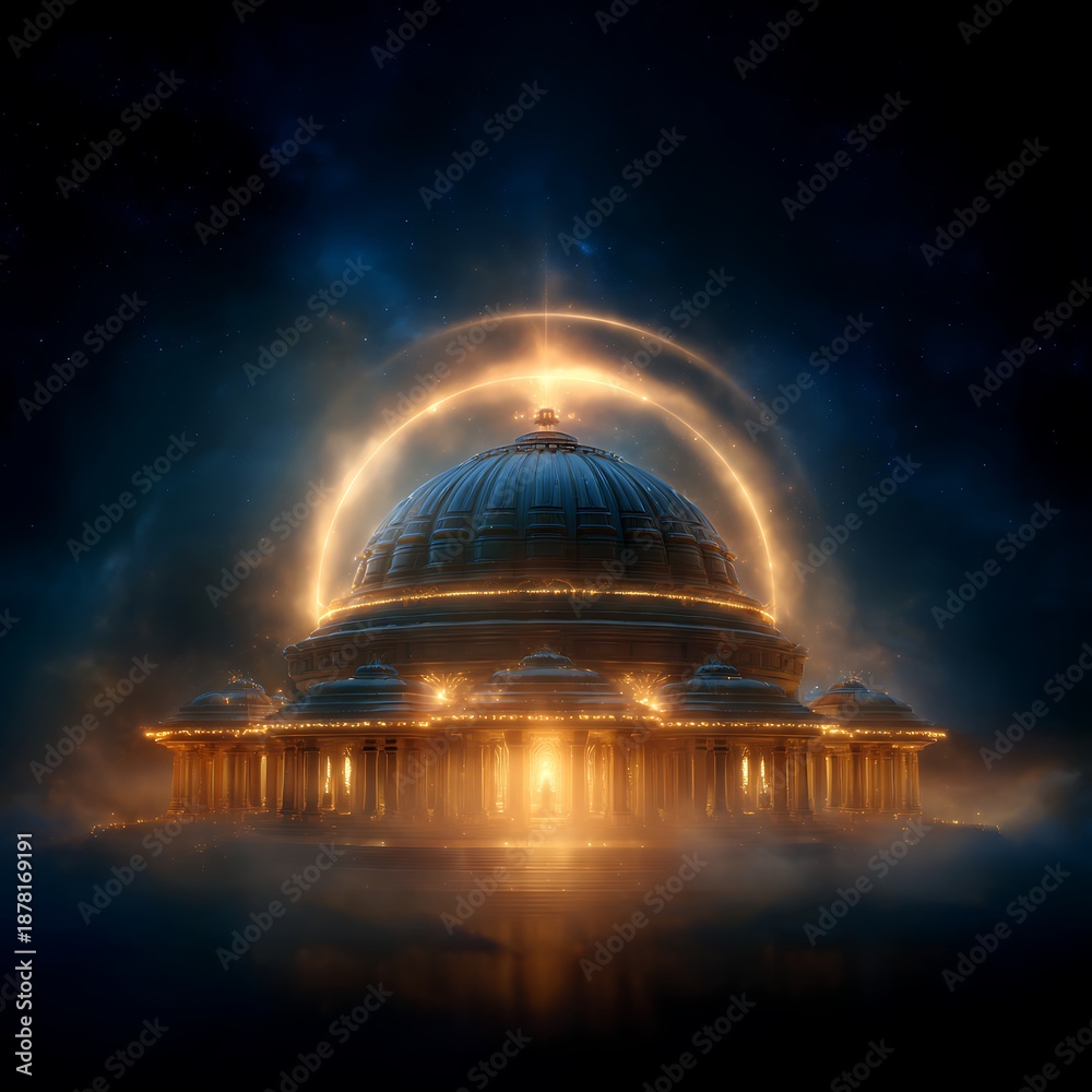 Obraz premium Glowing temple dome reflected on calm water high resolution picture