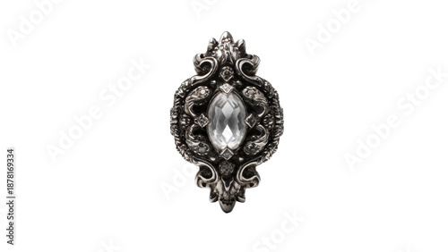 Ornate silver brooch with large crystal