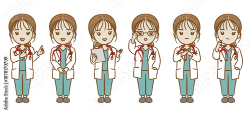 Set of Transparent Female Doctor/Surgeon Character Wearing Gown Suit in Standing Posts with Optional/Movable Elements and Changeable Colors