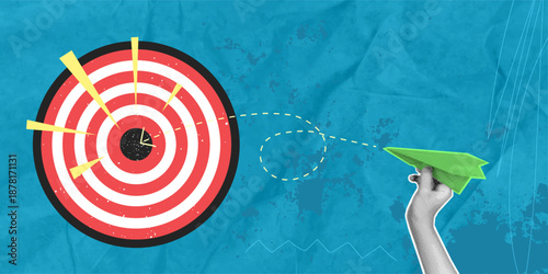 A trendy halftone collage featuring a hand holding a paper airplane aimed at a target, against a blue background with space for text. Conceptually, it evokes themes of business goal-setting, aiming, a