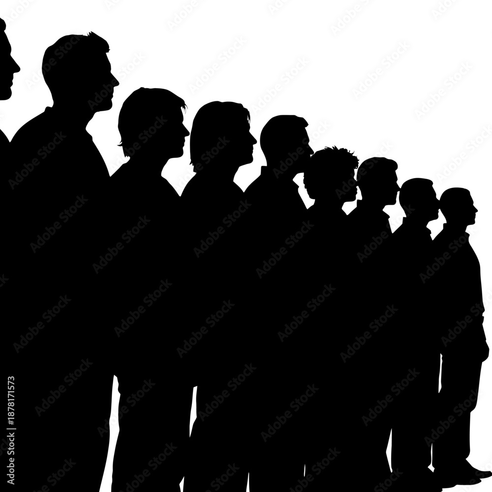 Obraz premium Silhouettes of men standing in a line facing right.