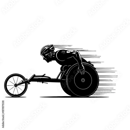 Disabled athlete in racing wheelchair speeding forward.