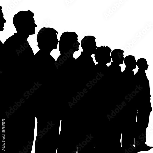 Silhouettes of men standing in a line facing right.