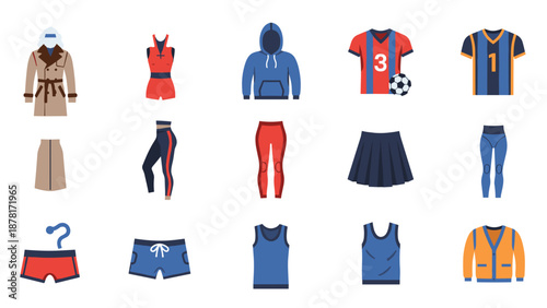 Collection of colorful athletic outfits and uniforms arranged in a grid for sportswear fashion study.