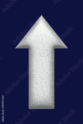 White textured arrow pointing up vector illustration. 3D rough porous pointer isolated on blue background. Rising trend symbol for business growth, winter direction and success concept.