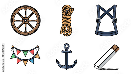 Nautical icons including ship wheel rope life preserver pennant anchor and sail