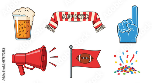 American football supporter icons with beer, scarf, foam finger, megaphone, flag, and confetti