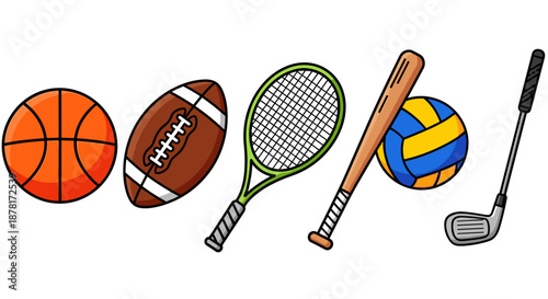 Collection of sports equipment icons including ball and racket