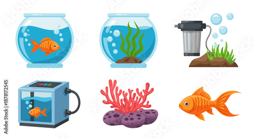 Colorful aquarium and fish related objects