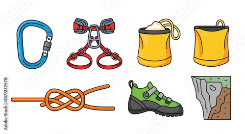 Climbing gear icons including carabiner, rope, harness, bucket, shoe, and knot