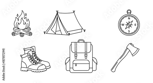 Camping icons including tent, campfire, compass, hiking boot, backpack, and axe