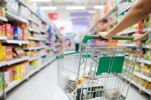 スーパーマーケットの棚の間をショッピングカートを押して歩く人の手