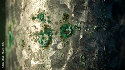 Close-up of oxidized copper surface with green patina and metallic texture oxidation