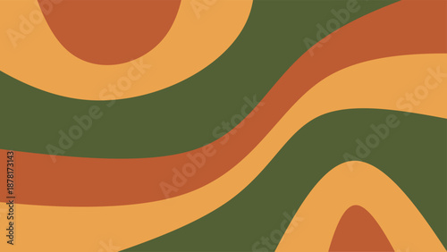 Abstract retro wavy background. Groovy 70s hippie style seamless pattern in green and orange earth tones. Funky aesthetic wall art. Boho fluid shapes for creative packaging or poster design.
