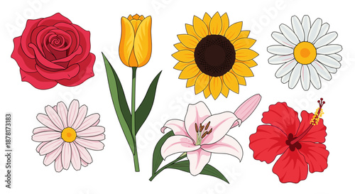 Colorful flowers including roses, tulips, sunflowers, and lilies