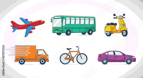 Colorful illustrations of various transportation vehicles