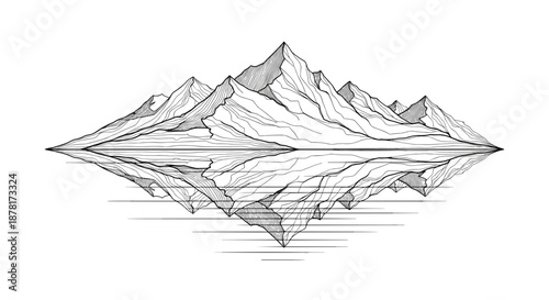 A black and white line drawing of a mountain range
