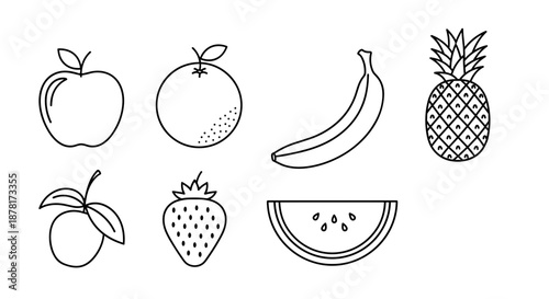 A set of various fruit icons including apple, orange, banana, and more