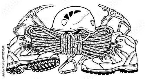 Climbing gear including hiking boots rope and helmet