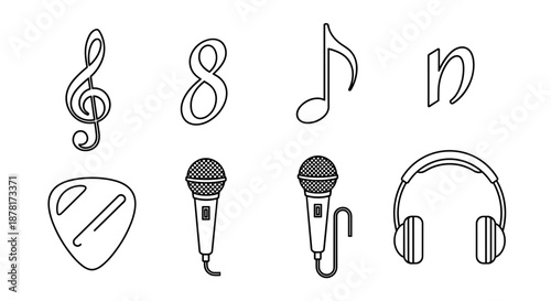Music icons including treble clef, microphones, guitar pick, and headphones