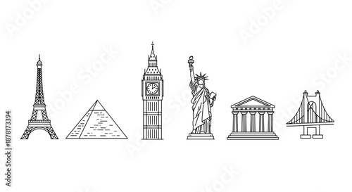Black and white line art illustrations of famous landmarks from around world
