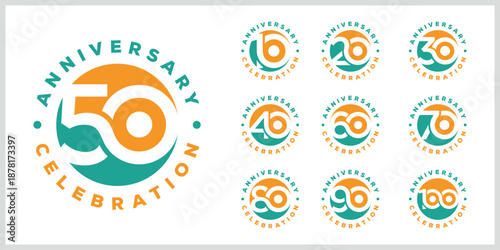 Collection of anniversary circle round logo design. Celebration day special vector icon, creative number 10 to 100 symbol graphics