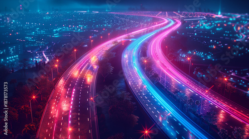 A cyber-inspired photo of the afterimage of lights on a midnight highway