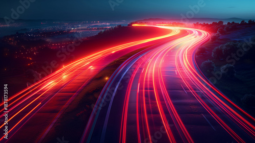A cyber-inspired photo of the afterimage of lights on a midnight highway