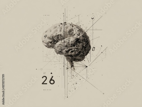 Abstract human brain digital artwork with geometric wireframe lines, numbers, and data points on minimal beige background