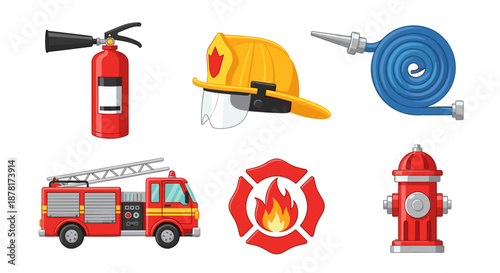 Firefighting icons including fire truck, hydrant, and safety gear