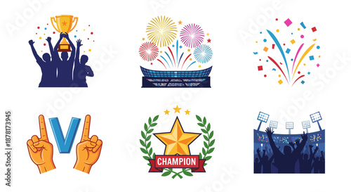 Collection of champion and winner icons with colorful confetti and stars