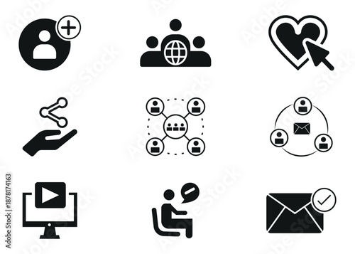 Social Media Communication Icons Set – User Network, Message, Share, Video