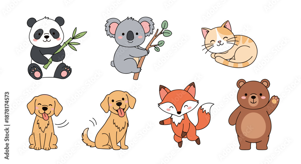 Obraz premium Cute cartoon animals including panda koala cat dog fox and bear