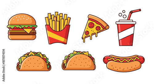 Colorful fast food icons including burger, fries, pizza, tacos, and hot dog
