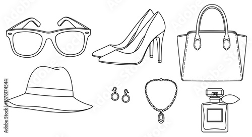 Fashion accessories including handbag, high heel, jewelry, and glasses