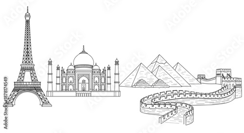 Black and white illustration of famous landmarks around the world