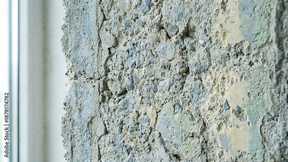 Obraz premium Close-up of a rough textured concrete wall with a window in the background