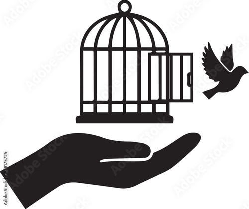  silhouette vector icon of a bird flying out of an open cage or open hand on white background