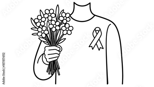 Person holding bouquet of flowers with awareness ribbon Vector