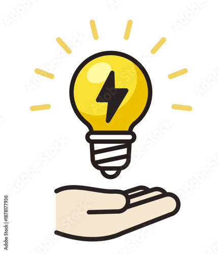 電球と稲妻のアイコン。手の上にランプと雷。電力、充電、照明。Light bulb and lightning icon.