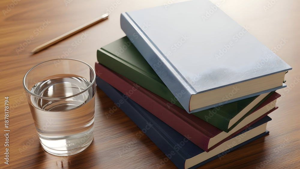 Naklejka premium A neatly arranged stack of colorful books sits beside a refreshing glass of water and a simple pencil, inviting readers to delve into the world of knowledge.