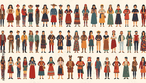 A diverse group of people from different cultures and backgrounds standing together in a colorful illustration