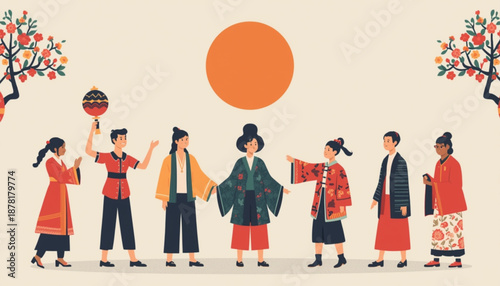 A vibrant illustration of people in traditional Asian clothing standing in a line under a large orange sun